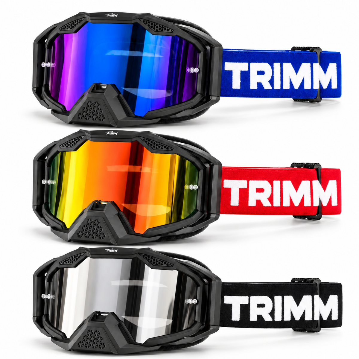 Trimm Supply MX Racing Goggles – Mirrored Lens, Adjustable Strap & Removable Nose Guard [TRV-X1]